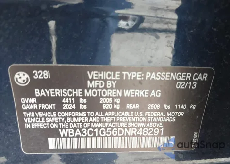 2013 BMW 328I from USA, damaged, VIN WBA3C1G56DNR48291